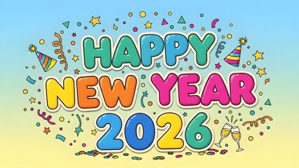 Colorful cartoon illustration for Happy New Year 2026 with confetti, party hats, and champagne.