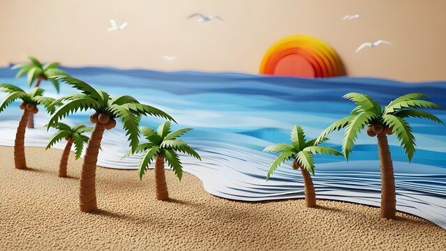A whimsical 3D papercraft scene of a tropical beach at sunset, featuring layered blue waves, sandy ground, and several palm trees with seagulls flying above. - Powered by Adobe