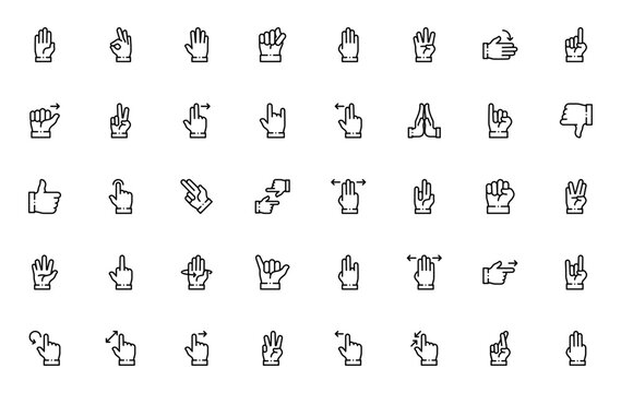 Hand gestures icon set. Vector illustration. Include symbols for OK, peace, thmb up, thumb down, pointin, fist, swear, zoom, swipeand more. Editable stroke.