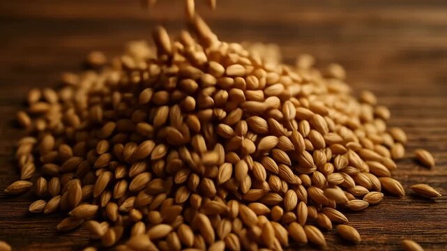 A mound of golden grains pours into a neat pile on a rustic wooden table, each kernel sharply detailed and warmly lit to highlight its natural texture and color.
