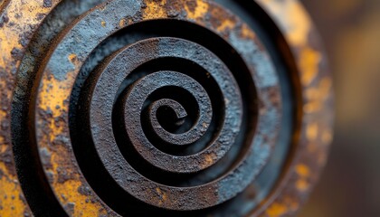 A detailed macro photograph of a weathered, rusted metal spiral showing intricate patterns of oxidation and decay in an abstract industrial design