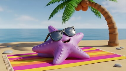 A vibrant purple starfish wearing sunglasses is lounging on a brightly striped beach towel on a sandy beach.