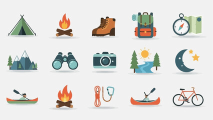 Camping and outdoor adventure equipment icons set for travel and exploration.