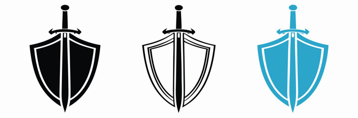 Shield and sword icon set, representing protection and defense isolated on white background,Stunning shield and sword icon for security, defense, and protection concepts,