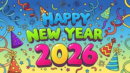 Happy New Year 2026 festive banner with party hats and confetti.