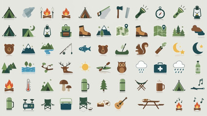 Collection of Camping and Outdoor Adventure Icons for Nature Enthusiasts.