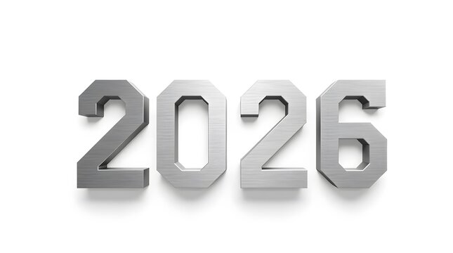 Metal numbers forming the year 2026 isolated on white background