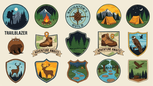 Collection of Outdoor Adventure and Nature-Themed Badges and Emblems.