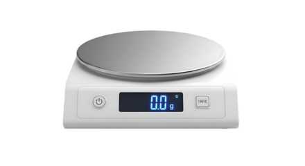 Modern digital kitchen scale with stainless steel platform and illuminated display showing zero
