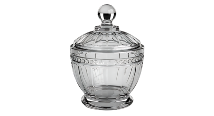 Elegant antique clear crystal glass candy dish with ornate lid and detailed etched patterns