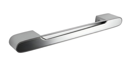 Modern sleek chrome cabinet handle with clean lines on a black background