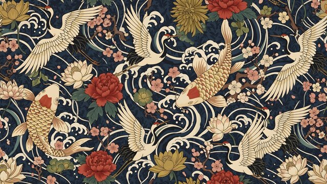 Seamless Japanese Tattoo Pattern of Koi and Cranes