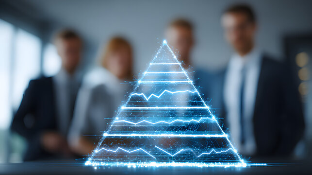 A sales team reviewing a holographic sales funnel and performance metrics, business, holograms, blurred background, with copy space