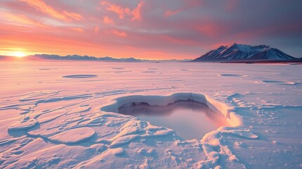 A serene winter landscape with a melting pool under a colorful sunset