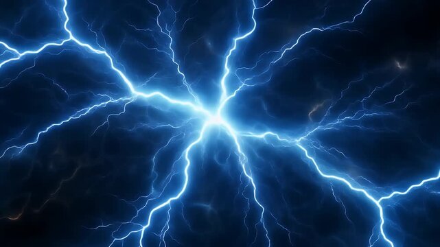 Vibrant blue electrical lightning discharge illuminating a dark background with radiating energy branches.