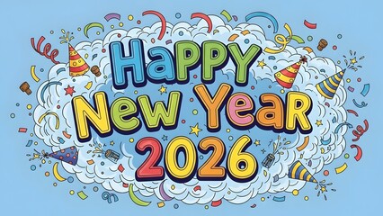 Colorful illustration celebrating the New Year 2026 with festive decorations and celebratory elements.