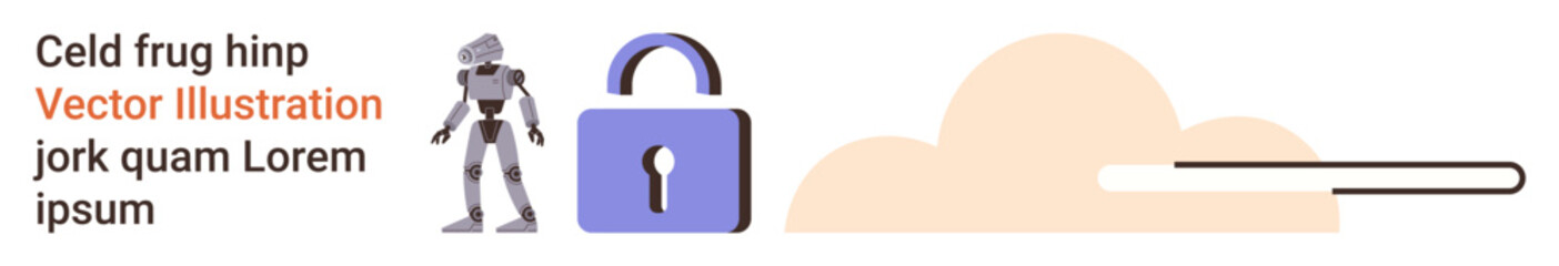 Cybersecurity, cloud computing, data protection, artificial intelligence, online security, digital encryption. Robot with a purple padlock next to a cloud icon. Cybersecurity and cloud computing