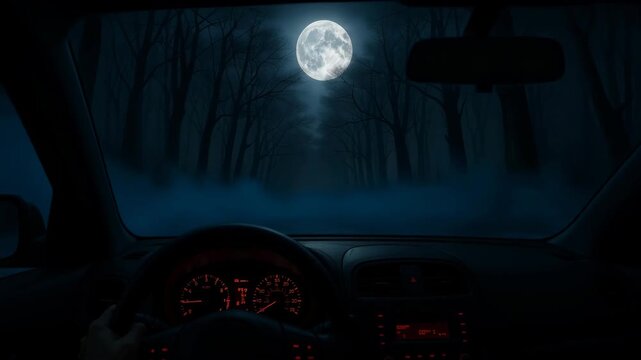 A driver travels down a dark forest road at night under a bright full moon, gripping the steering wheel as an oncoming car&rsquo;s headlights grow closer and then suddenly flare in a blinding flash through 