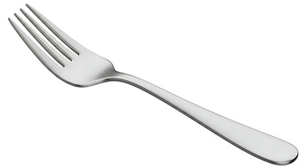 A single polished metal dinner fork with four tines isolated on a stark black background
