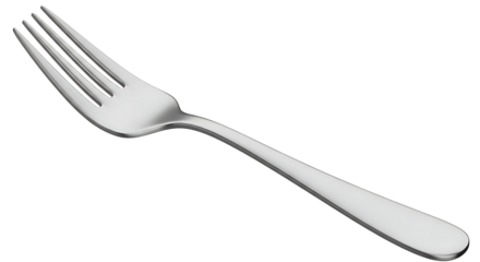 A single polished metal dinner fork with four tines isolated on a stark black background