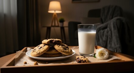 A cozy setup with a tray containing cookies and milk, perfect for a relaxing evening at home