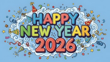 Happy New Year 2026 graphic with party hats and confetti on a blue background.