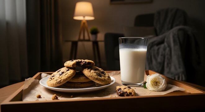 A cozy setup with a tray containing cookies and milk, perfect for a relaxing evening at home - Powered by Adobe