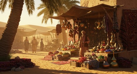 Fototapeta premium Vibrant marketplace scene with barefoot trader selling colorful flowers and textiles under a palm tree at sunset in a desert landscape