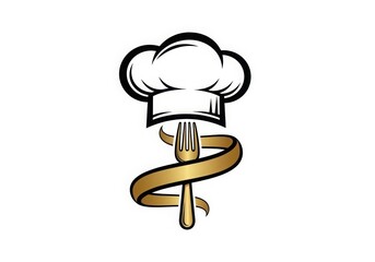 Chef hat and fork with golden ribbon emblem for culinary excellence