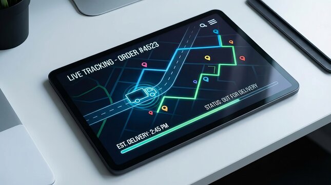 Courier tracking map displayed on a digital screen, showing live route lines, location markers, and delivery status, modern visual for logistics, navigation, and shipment monitoring