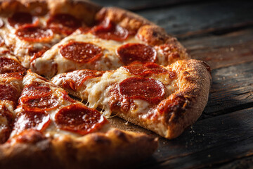 Delicious pepperoni pizza with melted cheese on wooden background