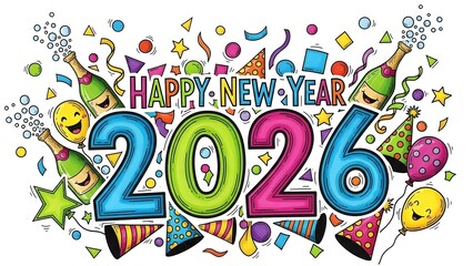 Vibrant and festive 'Happy New Year 2026' greeting with cartoon champagne bottles, confetti, and party decorations.