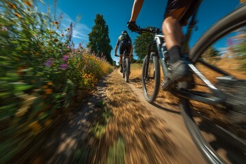 Naklejka premium Two cyclists ride mountain bikes on a dirt trail through a sunny field.