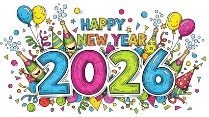 Colorful illustration celebrating the New Year 2026 with balloons, confetti, and champagne bottles.