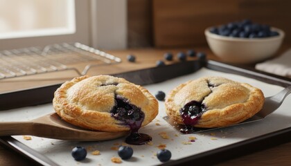 Two golden-crusted blueberry pies, baked to perfection, sits invitingly on a baking sheet, with blueberries scattered nearby. Capturing a moment of pure culinary delight.