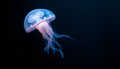 Glowing jellyfish-crystal hybrid floating in deep ocean waters, with bioluminescent tentacles and crystal-like dome 2
