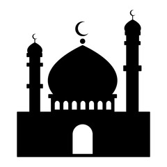 An iconic silhouette of a mosque, a symbol of Islamic culture, featuring a dome, minarets, and a crescent moon. It represents peace, faith, and architectural beauty.