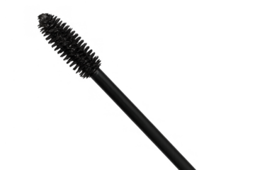 Mascara wand showing bristles, black applicator for eyelashes, eye makeup, cosmetics, beauty product, no background