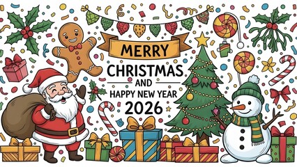 Festive doodle illustration for Merry Christmas and Happy New Year 2026 featuring Santa, snowman, gingerbread man, tree, and gifts.