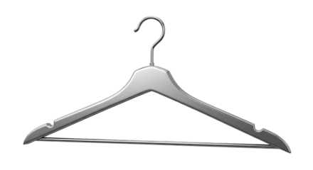 A simple white wooden clothes hanger with a metal hook against a stark black background