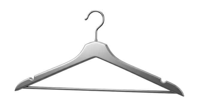 A simple white wooden clothes hanger with a metal hook against a stark black background