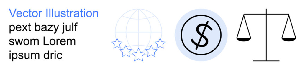Fototapeta premium Globalization, economic balance, legal systems, currency exchange, finance, compliance. Globe, star icons dollar sign in a circle scale justice. Economic balance and legal systems concept