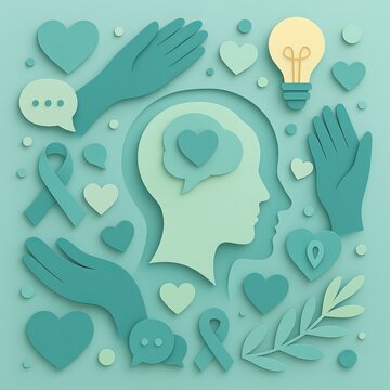 Hearts, hands, speech bubbles, lightbulbs, ribbons, and supportive shapes surround a layered head silhouette. Pastel blues and greens represent empathy and calmness.
