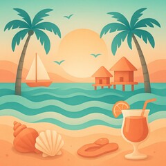 Obraz premium Palm trees, waves, boats, shells, cocktails, and layered huts surround a glowing sun. Bright turquoise and coral gradients create a dreamy island-vacation mood ideal for beach travel promotions