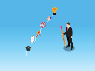 Brave Businessman Fighting Fire-Breathing Dragon with Sword 3d isometric vector illustration