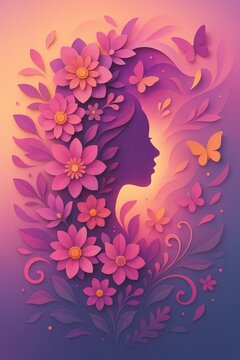 A female silhouette emerges from blooming layered flowers, butterflies, swirling petals, and radiant gradients. Soft pink, purple, and gold tones create an empowering, elegant composition