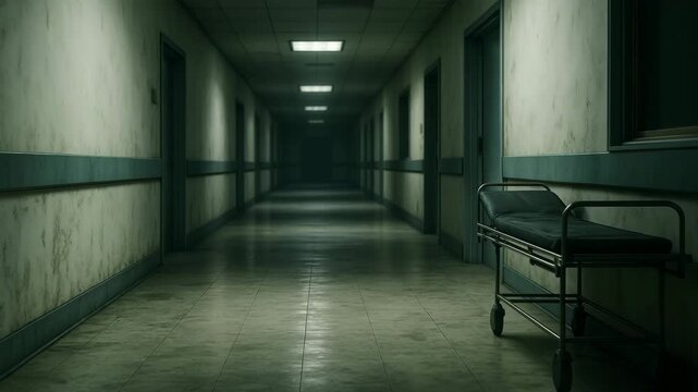 A long, dimly lit hospital corridor stretches into darkness, lined with closed doors and harsh fluorescent ceiling lights, with an empty gurney parked ominously against the right wall.
