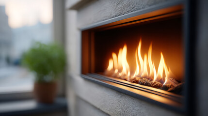 Warm ambiance of wall-mounted fireplace with flickering firelight in cozy interior