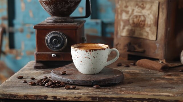 Vintage coffee cup on rustic wooden table with coffee grinder