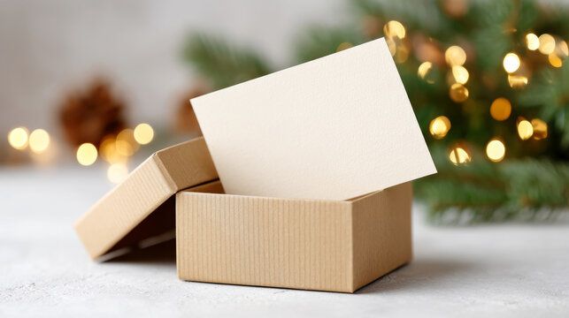 Festive greeting card emerging from a golden gift box amidst holiday decorations